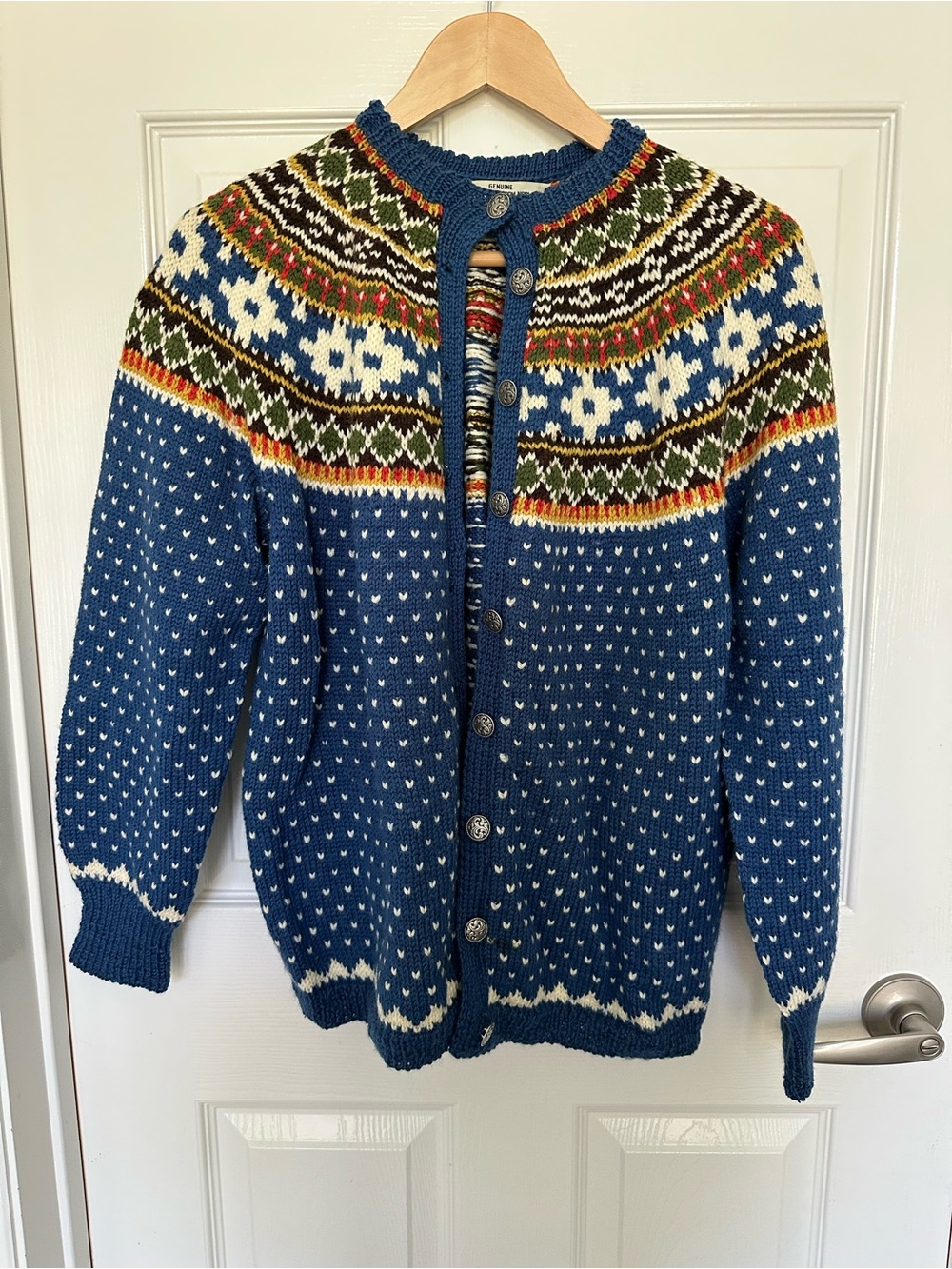 Norwegian Hand-Knit Blue Fair Isle Wool Cardigan Sweater